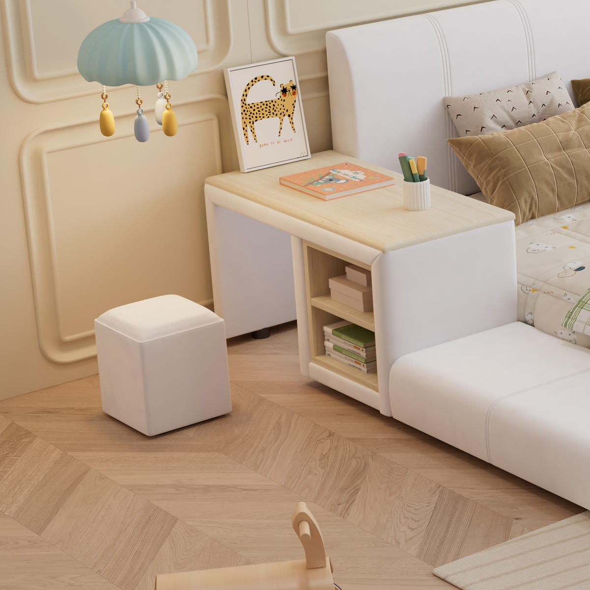 KINDERBETT 140/200 cm in Weiß Samt mit Schreibtisch, Hocker und Ablageboden - Weiß, Holzwerkstoff/Textil (140/200cm) - WISHDOR