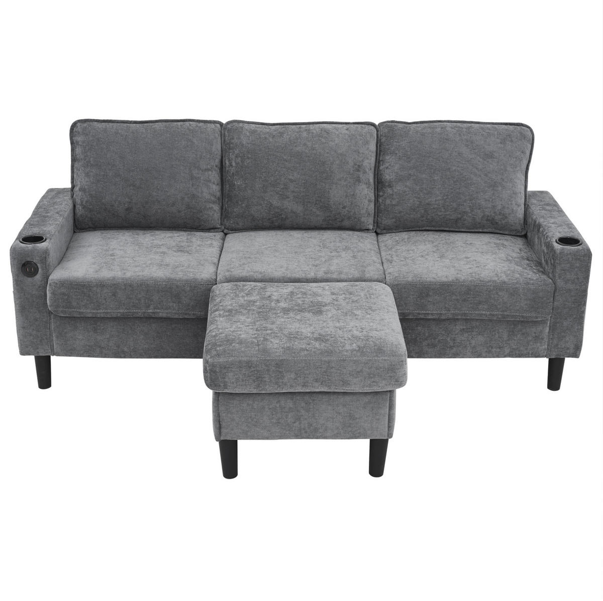 ECKSOFA Gepolstertes 3-Sitzer mit Fußhocker und USB und Typ-C-Anschlüssen Grau Leinen 202/137/80 cm - Grau, Textil (202/137cm) - OKWISH