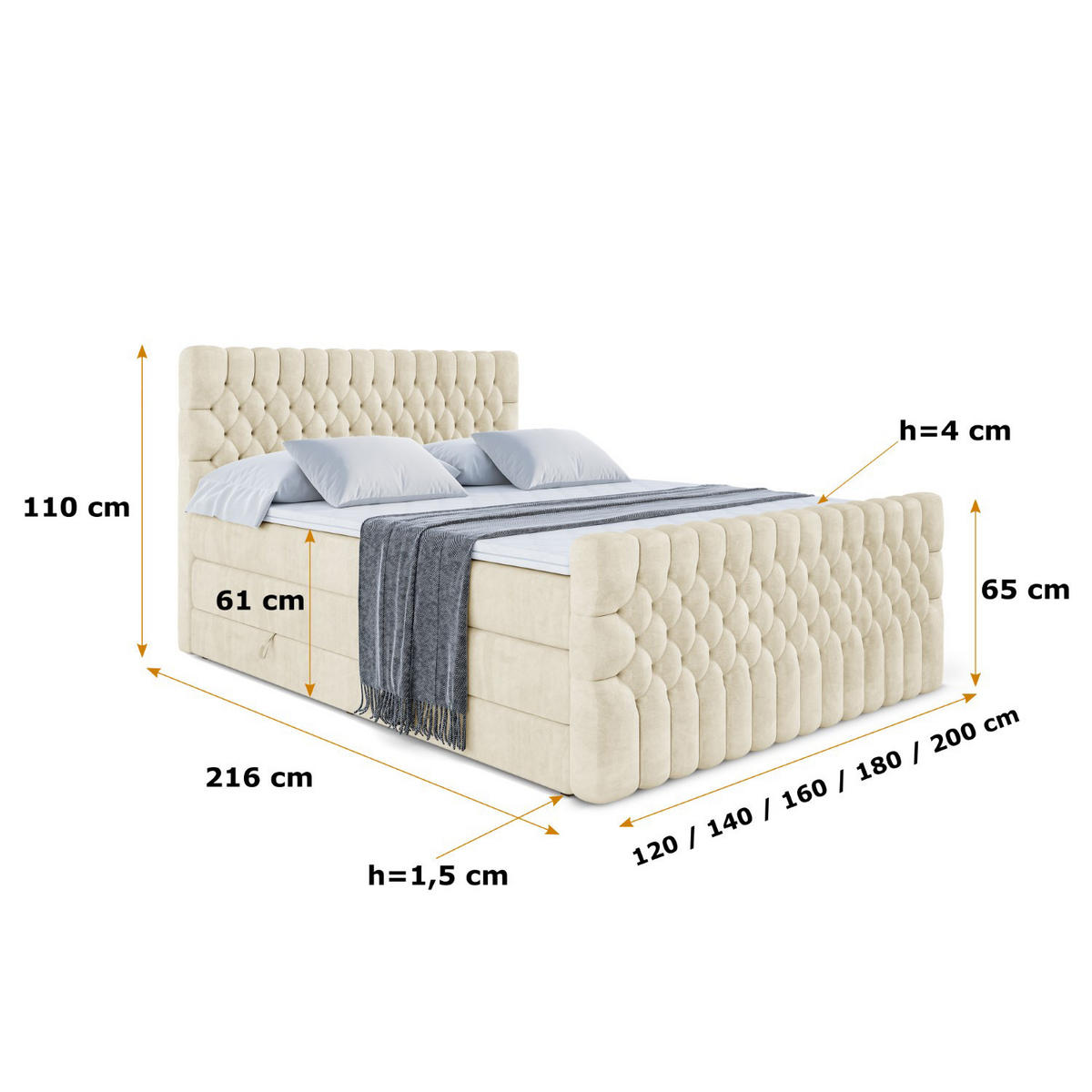 BOXSPRINGBETT SERENE-Z KING - 120 x 200 - H3/H4 - Beige - Beige, Holzwerkstoff (120/200cm) - ALTDECOR