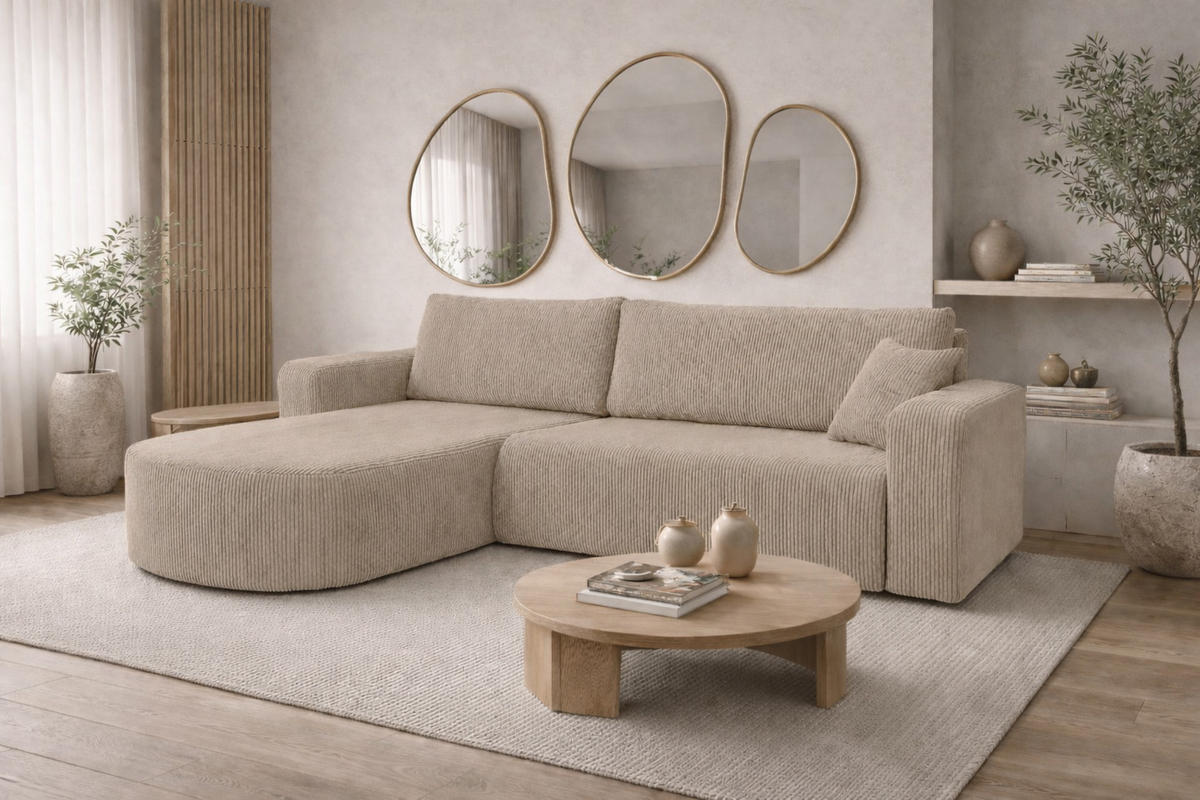 ECKSOFA Mit Schlaffunktion, Cordstoff Poso, Dunkelbeige, Links, ROUND ONE XL - Beige, Holz (271/175cm) - Kaiser Möbel