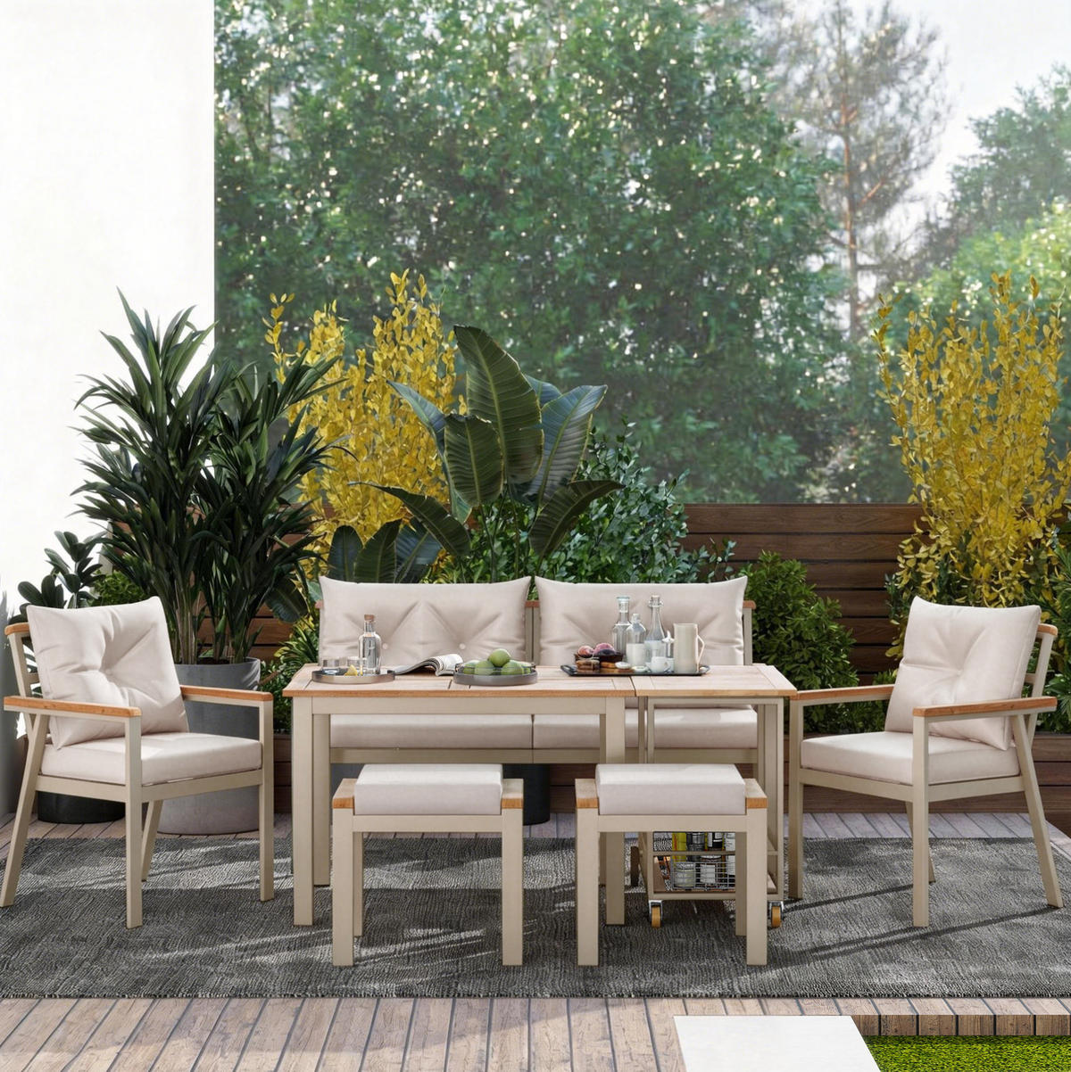 GARTENSET aus Akazienholz Beige/Natur mit Servierwagen, wasserabweisenden Kissen und Rollen - Beige, Metall - Modfu