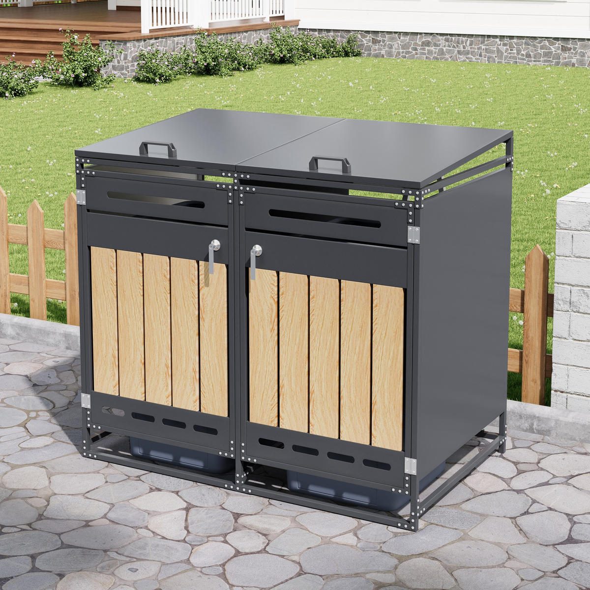 MÜLLTONNENBOX Hydraulik Deckel Holzoptik Schloss - Schwarz, Metall (131/116/79cm) - LEBENLANG