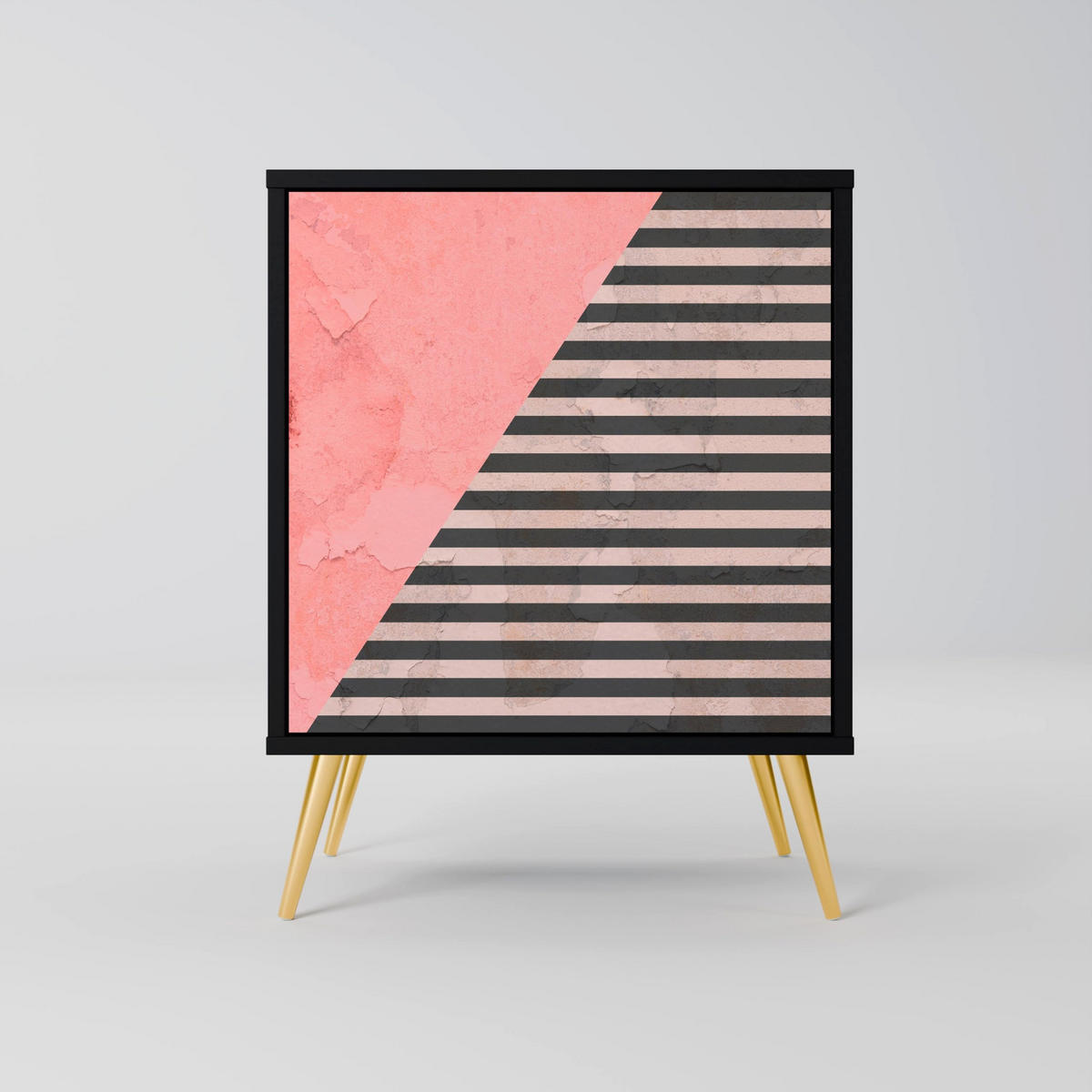 SIDEBOARD GLAMOROUS STRIPE, Schwarz, 57,5x42x75,5 cm, Goldfarbene Metallfüße - Goldfarben/Multicolor, Holzwerkstoff/Metall (57.5/75.5/42cm) - SpaceRebels
