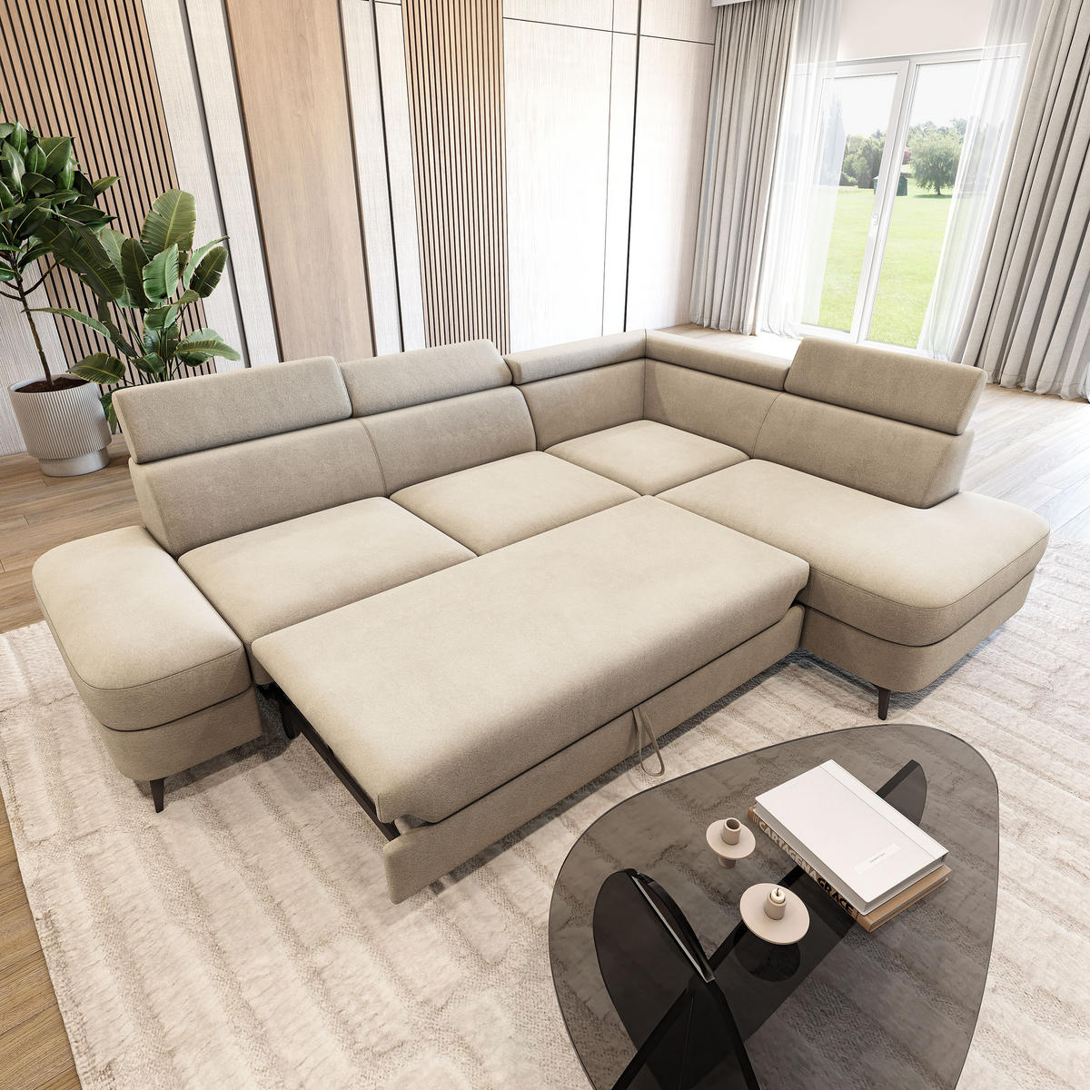 ECKSOFA AVISE MV R-S Creme Velours-Stoff mit Schlaffunktion - Creme, Holzwerkstoff/Textil (268/195cm) - MASSENO