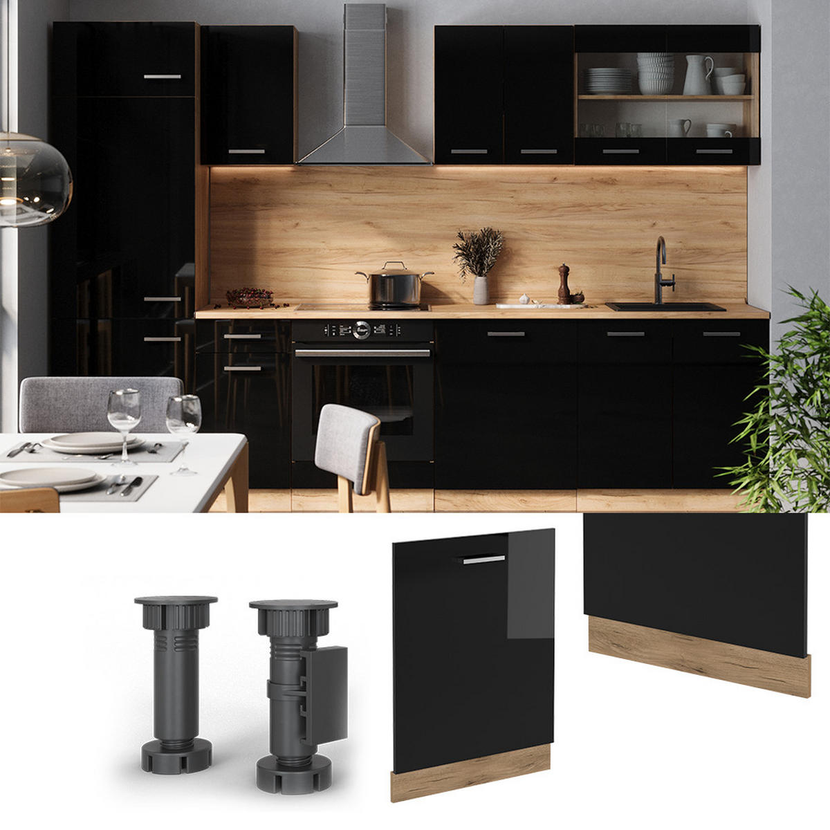 GESCHIRRSPÜLBLENDE R-Line Schwarz Hochglanz 60 cm , AP Anthrazit - Honigeiche/Schwarz Hochglanz, Holzwerkstoff (60/81.8/1.6cm) - Vicco