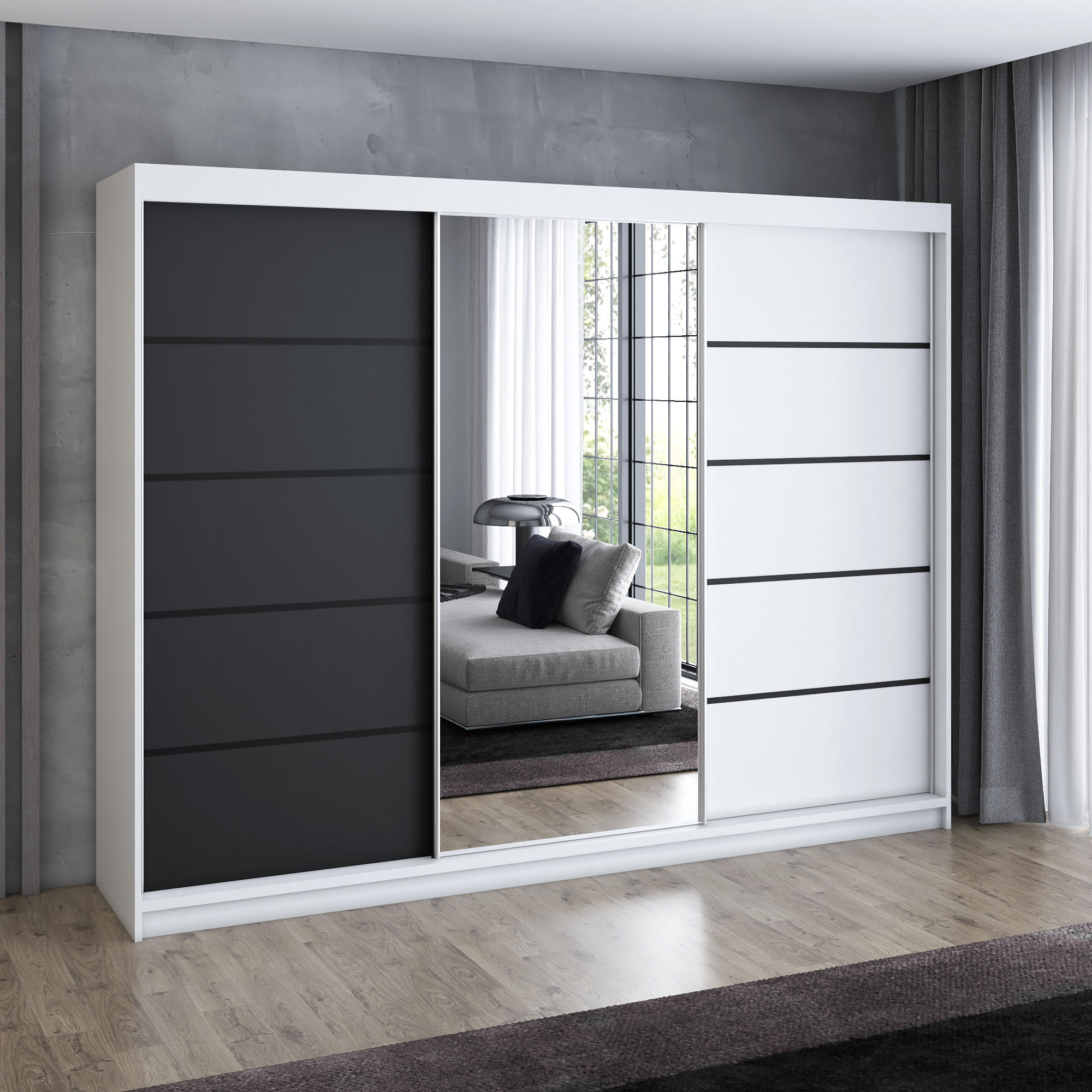 SCHWEBETÜRENSCHRANK 200 cm VILANO 2 Farbe: Weiß, Schwarz, Weiß - Schwarz/Weiß, Holzwerkstoff (200/215/59.5cm) - A&J MöbelLand