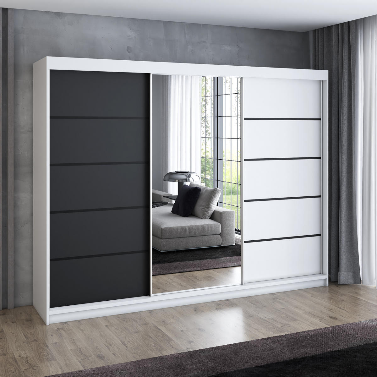 SCHWEBETÜRENSCHRANK 200 cm VILANO 2 Farbe: Weiß, Schwarz, Weiß - Schwarz/Weiß, Holzwerkstoff (200/215/59.5cm) - A&J MöbelLand