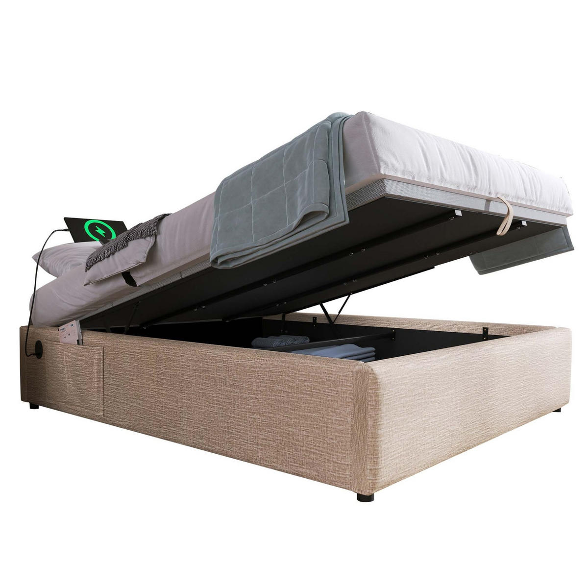 ČALOUNĚNÁ postel 140/200 cm béžová a přírodní z lnu, kovu a masivu s USB a úložným prostorem - béžová, textil (140/200cm) - OKWISH