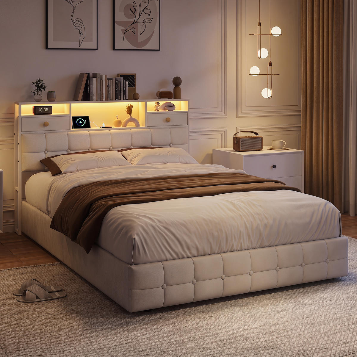 BETT 140x200 mit 2 Schubladen am Kopfteil, Hydraulik-Stauraum, LED und USB, Samt in Beige - Beige, Holz (140/200cm) - BRILVERDE