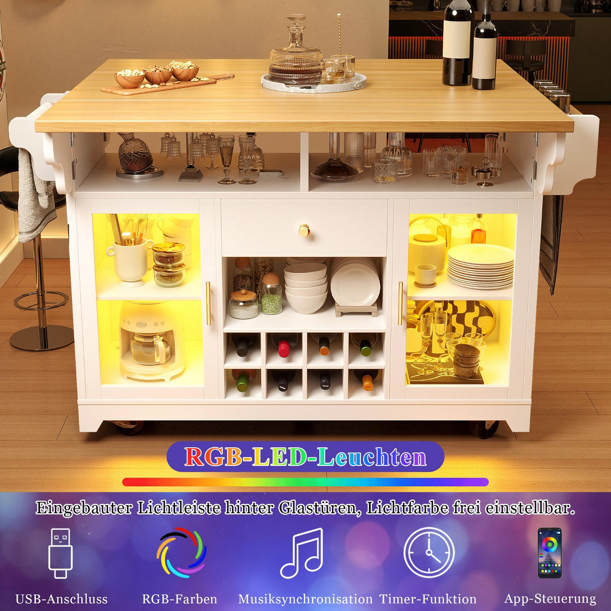 KÜCHENINSEL Mit RGB LED Beleuchtung, Auf Rollen Küche, 120/80/95 cm - Weiß, Holzwerkstoff (80/95/120cm) - Rolipo