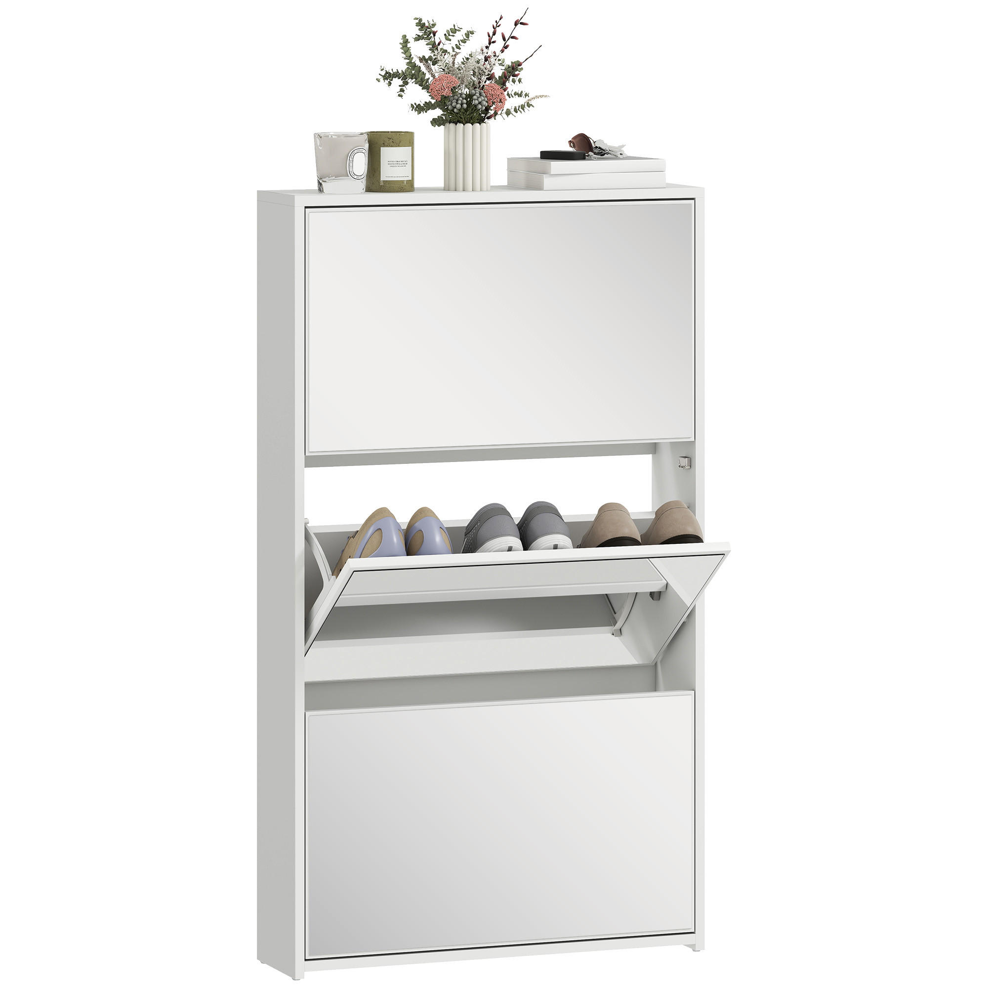 SCHUHSCHRANK,3 Türen mit Spiegel für 9 Paar 65x17x114,5cm,weiß - Weiß, Holzwerkstoff (65/114.5/17cm) - Vallsero