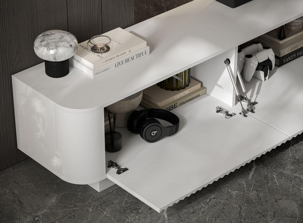 TV omarica Aurora, komplet 2 kosov s podstavkom, mat bela, 280 cm - bela, leseni material (280/37/35cm) - Meble Lindner