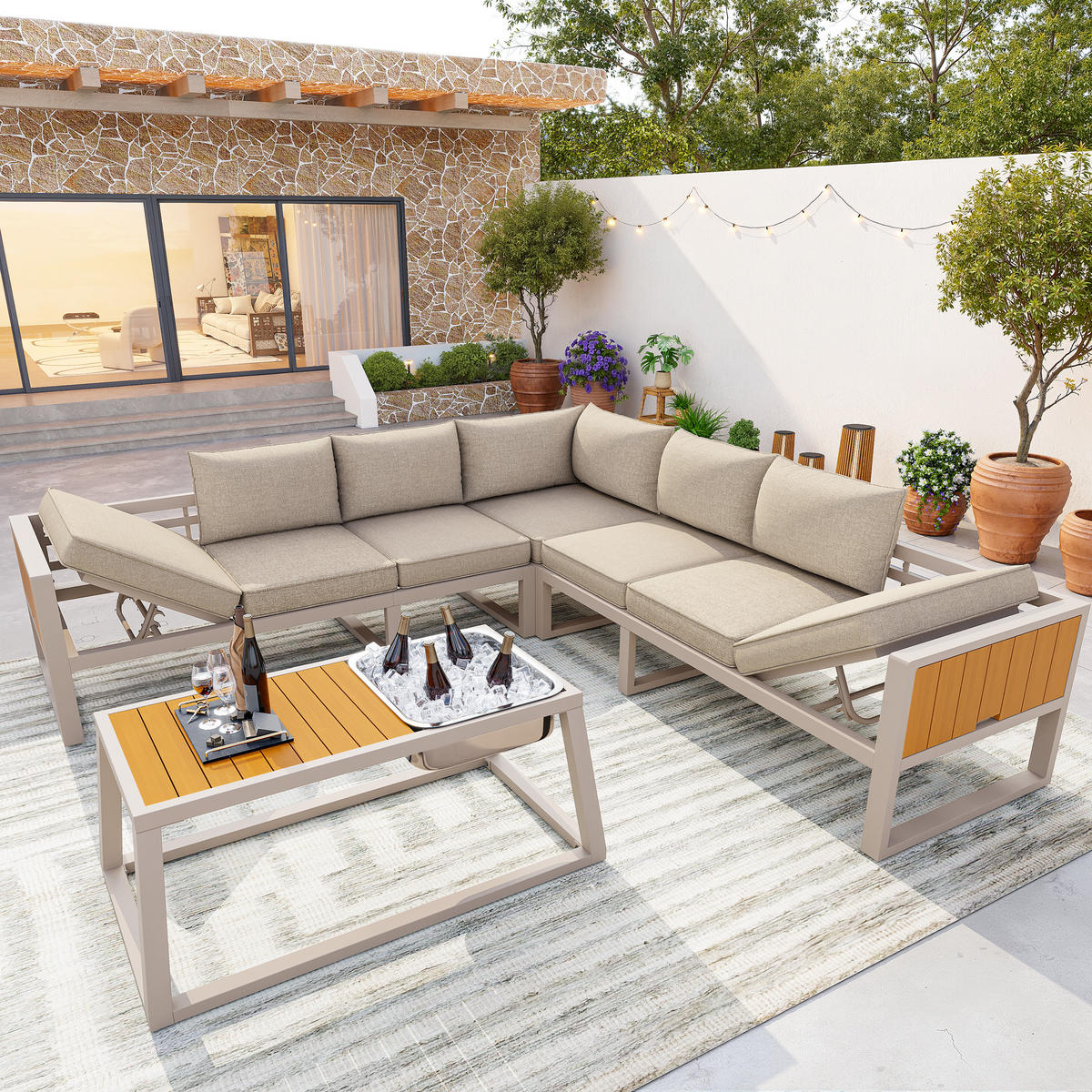 LOUNGEGARNITUR aus Eisen 178x178x62 cm Beige mit verstellbarer Rückenlehne - Beige, Metall - Modfu