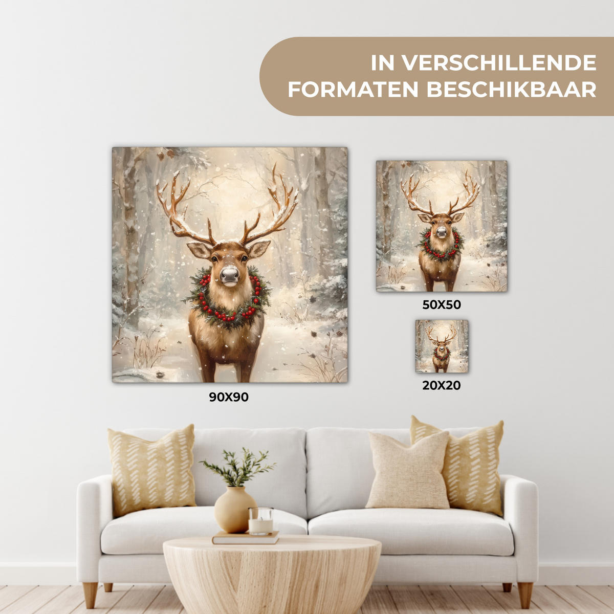 LEINWANDBILD Weihnachten - Rentier - Winter - Kranz Deko Wohnzimmer 20x20 cm - Braun, Textil (20/20cm) - MuchoWow
