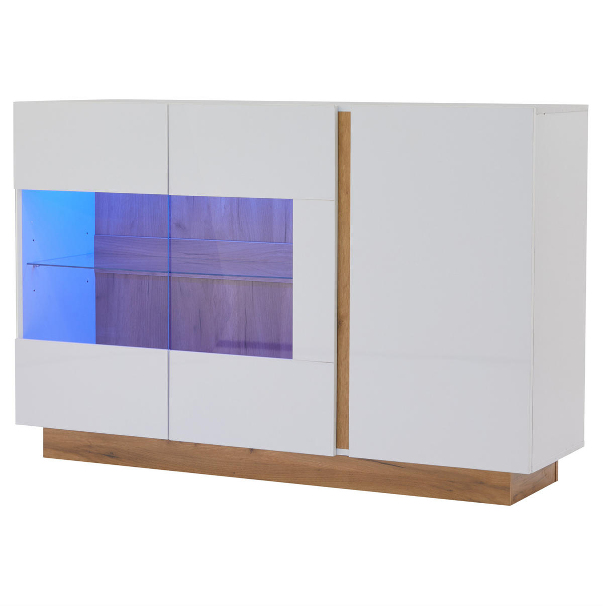 SIDEBOARD aus Spanplatte 138x38,5x90,5 cm Weiß mit RGB-LED, Glasdetails und 3 Türen in Hochglanz - Weiß, Holzwerkstoff (138/90.5/38cm) - Modfu
