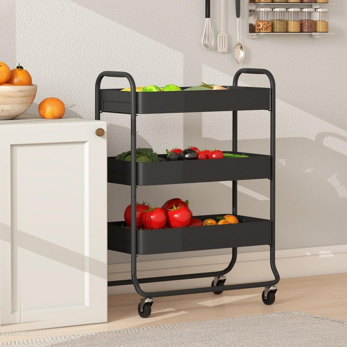 SERVIERWAGEN 64,5/87/34 cm Schwarz aus Metall mit 3-stufiger Aufbewahrung - Schwarz, Metall (34/87/64.5cm) - OKMYHOME