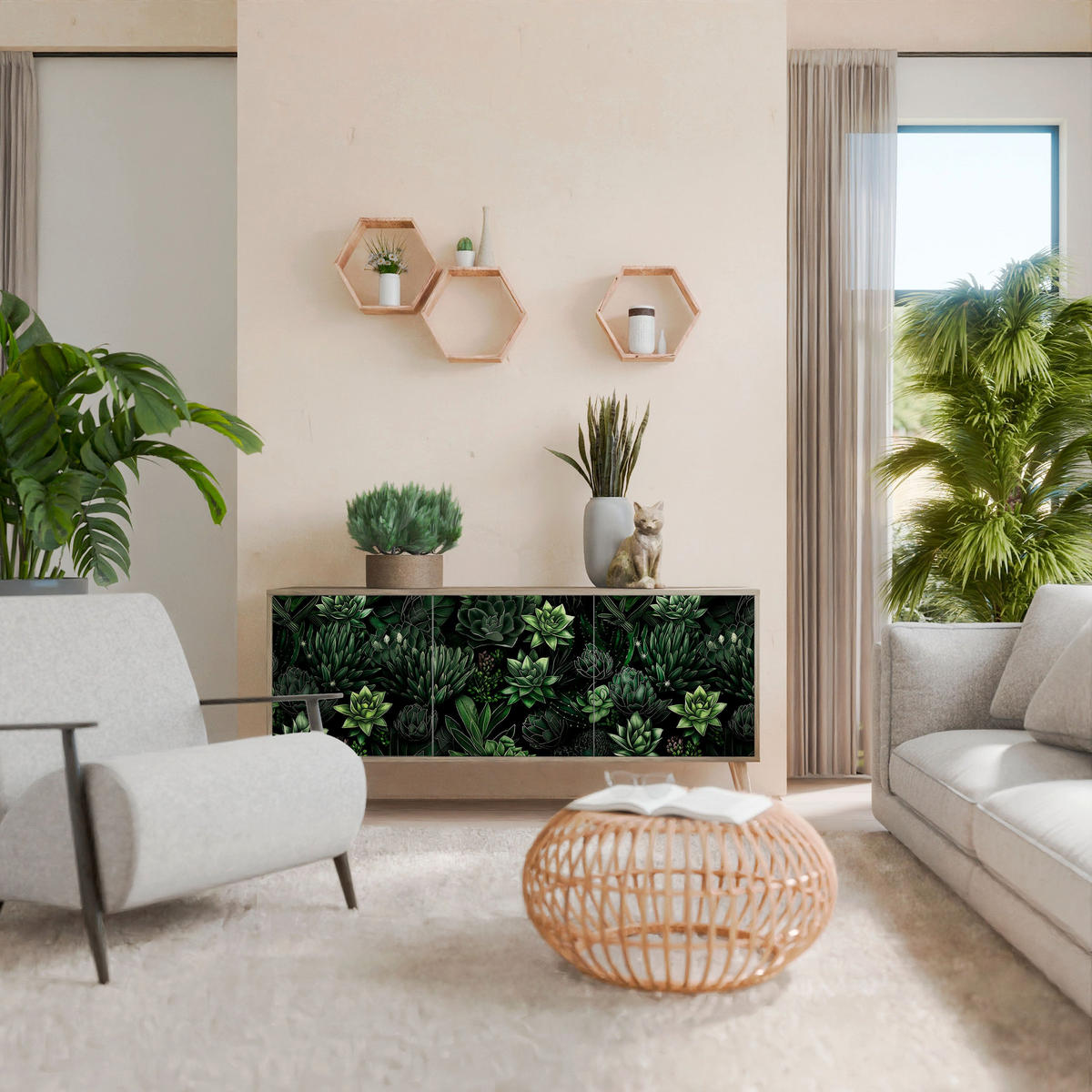 SIDEBOARD SUCCULENT JUNGLE, Eicheneffekt, 164,5x42x77,5 cm, 3 Türen - Eichefarben/Buchefarben, Holzwerkstoff/Buchenholz (164.5/77.5/42cm) - SpaceRebels