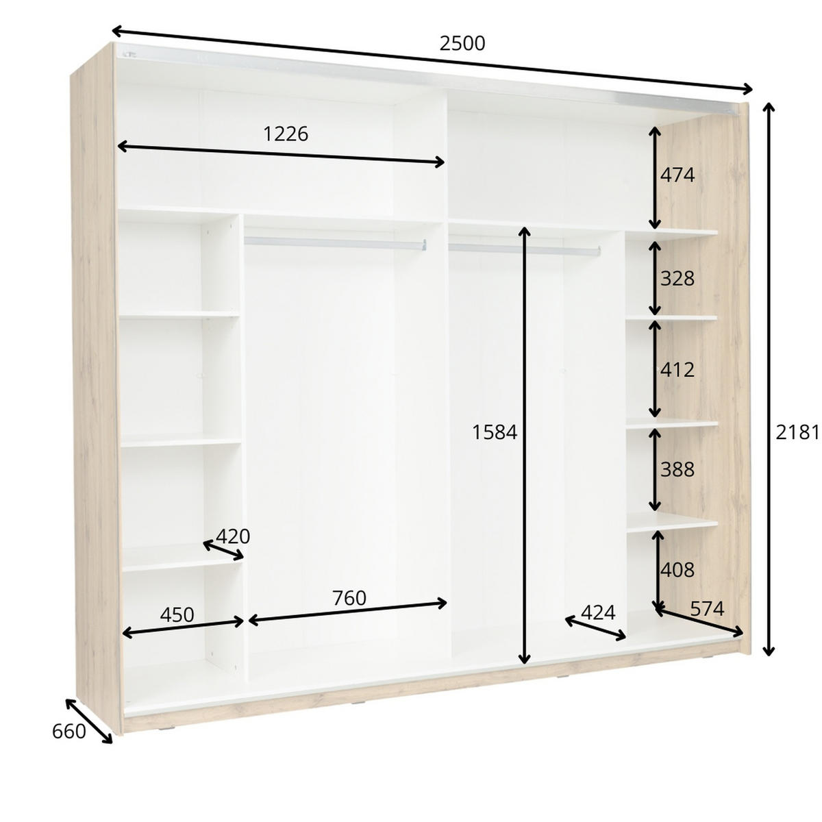 KLEIDERSCHRANK Eiche Wotan, Weiß Hochglanz 250/218,1/66 - Weiß Hochglanz/Eiche Wotan, Holzwerkstoff (250/218/66cm) - RAUMHIRSCH FURNITURE