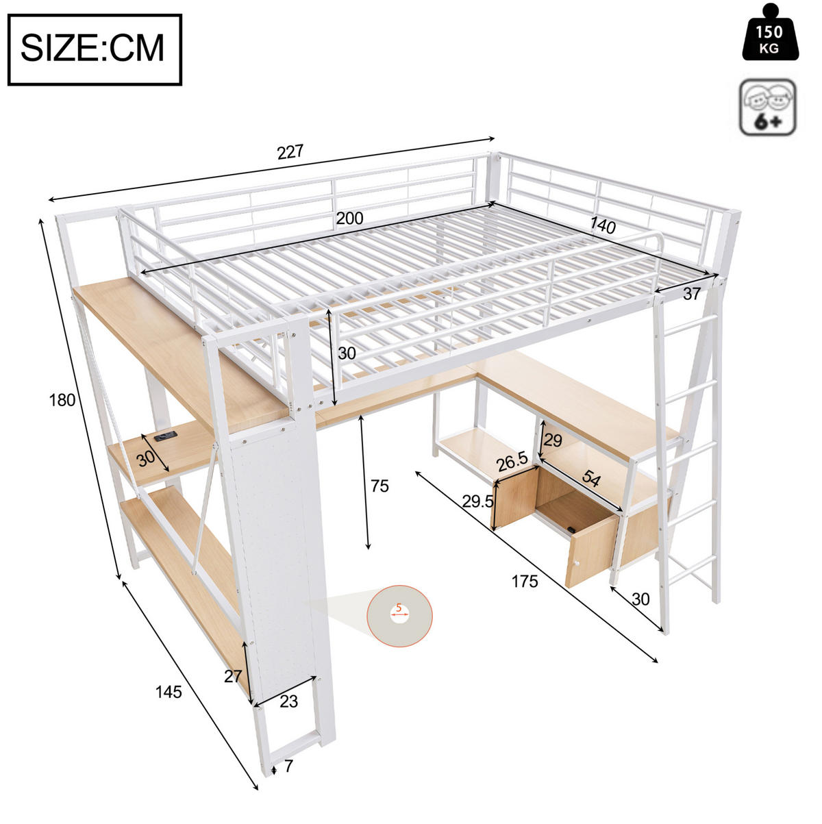 HOCHBETT 140/200 cm in Weiß mit Schreibtisch, Stauraum und LED-Beleuchtung - Weiß, Metall (140/200cm) - Flora Grace
