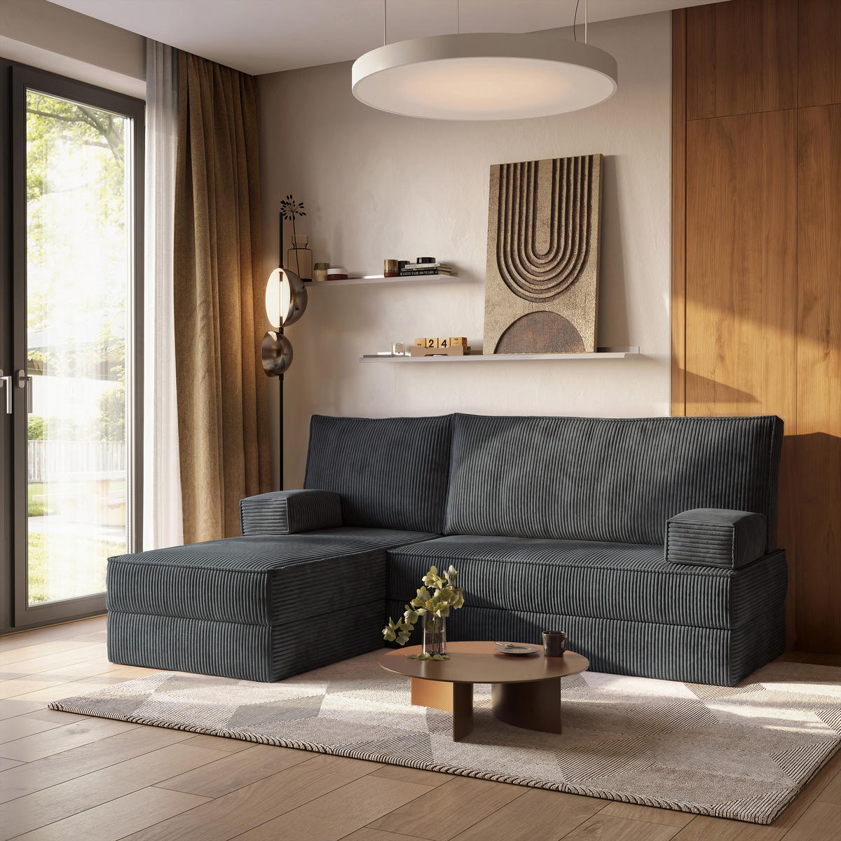 ROHOVÁ SEDAČKA NOTIA modulární Boneless pohovka s funkcí spaní, grafitová POSO 34 - tmavě šedá, textil (200/120cm) - MASSENO