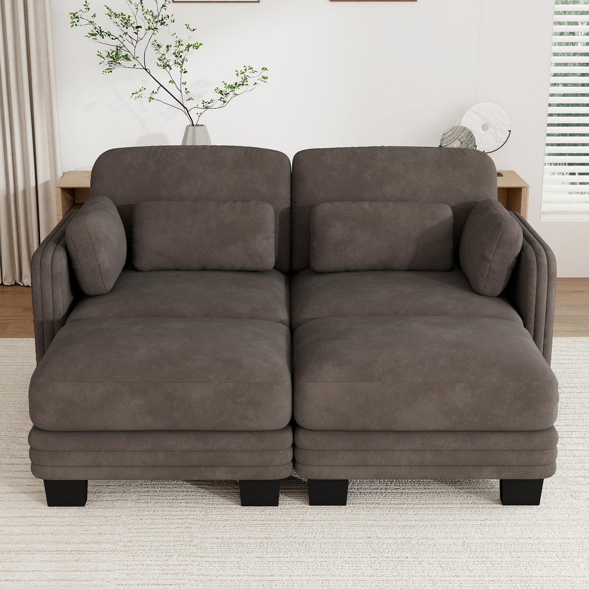 2-SITZER-SOFA mit 2 Ottomanen, DE-42686, Braun - Braun, Holz (176/88/143cm) - ComfortXL