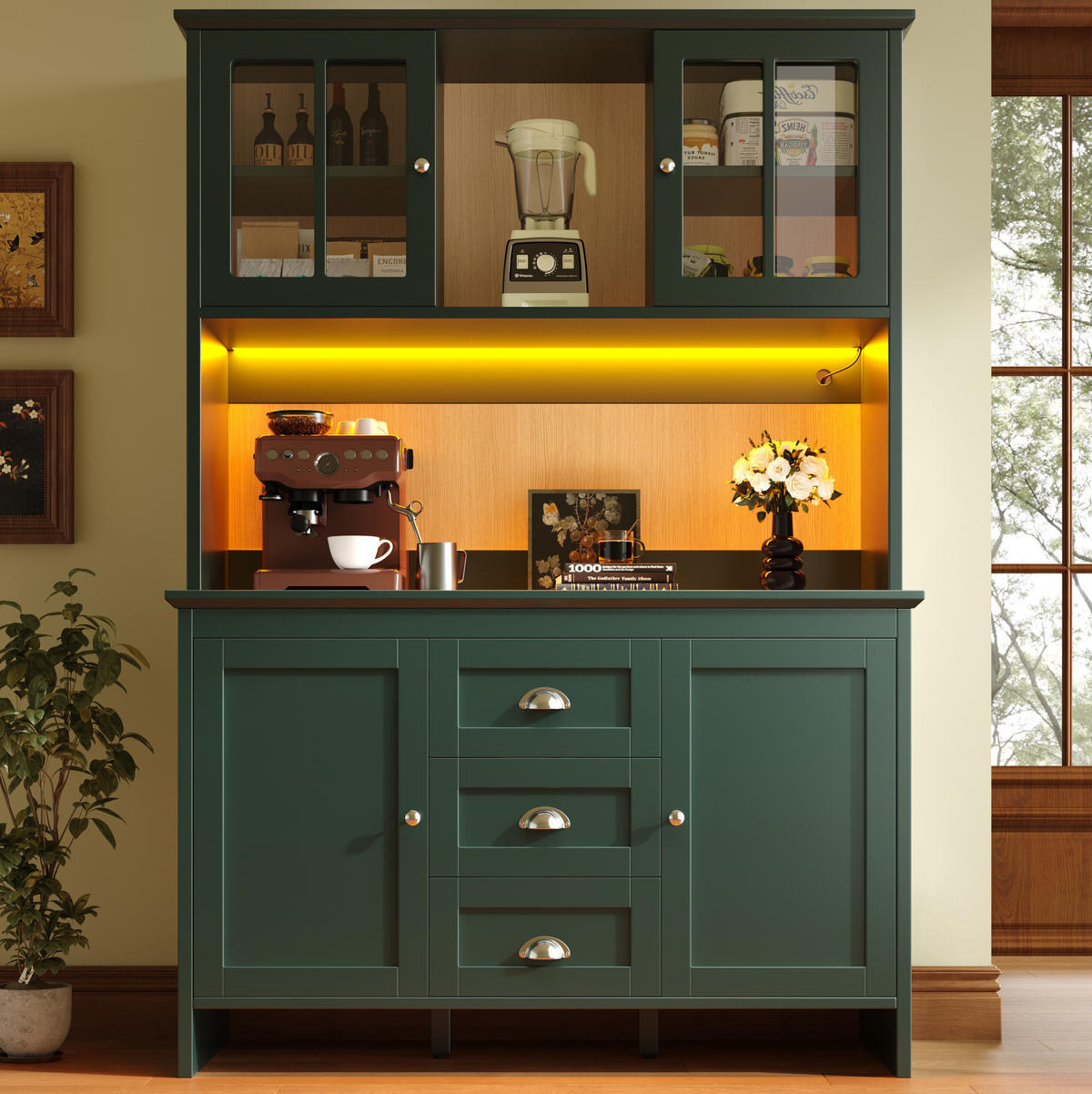 BUFFET 120/40/179 cm grün aus MDF mit LED-Beleuchtung - Grün, Holzwerkstoff (120/179/40cm) - OKWISH