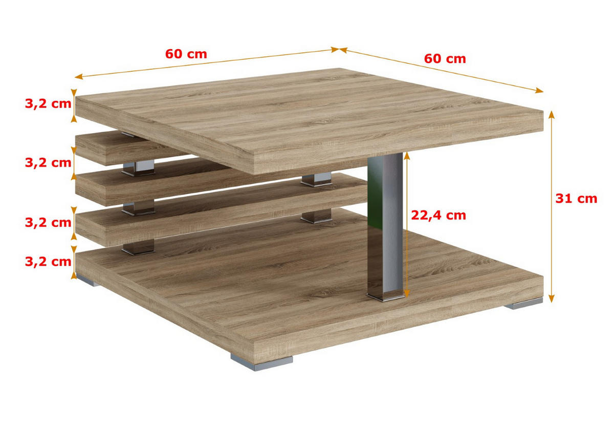 KAFFEETISCH 60x60x32 cm - Sonoma Eiche - YOTO - Erlefarben, Holzwerkstoff (60/60/32cm) - ALTDECOR