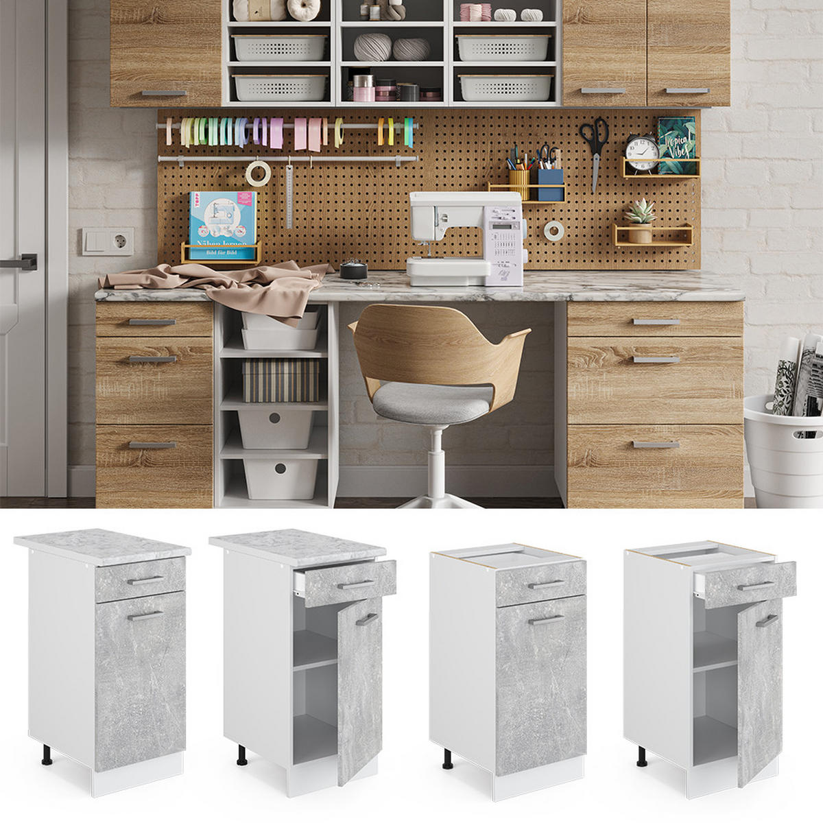 UNTERSCHRANK R-Line Beton 40 cm mit Schublade, ohne AP - Weiß/Grau, Holzwerkstoff (40/81.6/46cm) - Vicco