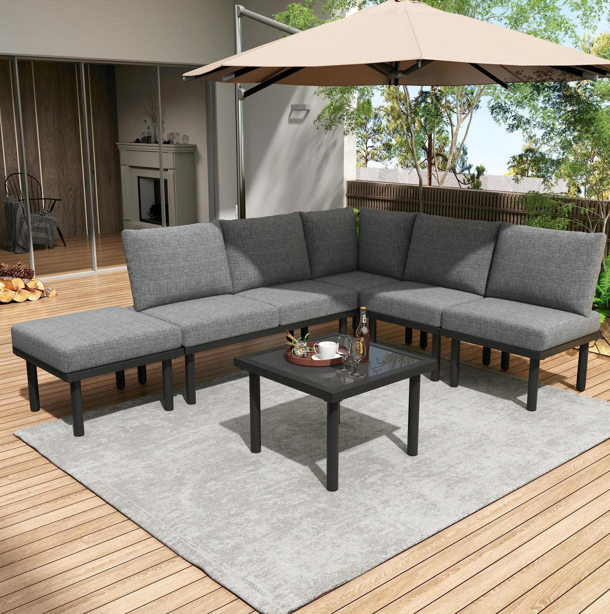 GARTEN-LOUNGE-SET 6-teilig mit verstellbaren Füßen, abnehmbaren Bezügen und Glastischplatte, Grau - Grau, Metall - Redom