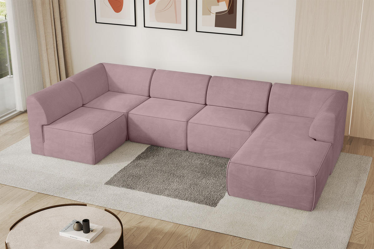WOHNLANDSCHAFT Ottomane Rechts MOVO-L 345x180x78 cm Rosa Cord - Rosa, Holzwerkstoff/Kunststoff (180/78/345cm) - ALTDECOR