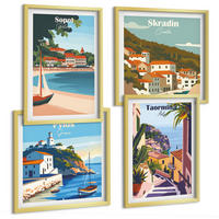 BILDER SET 4er Set - 50x50 cm & 40x60 cm Goldrahmen - Illustrationen von Küstenstädten - Goldfarben, Kunststoff (50/50cm) - TULUP