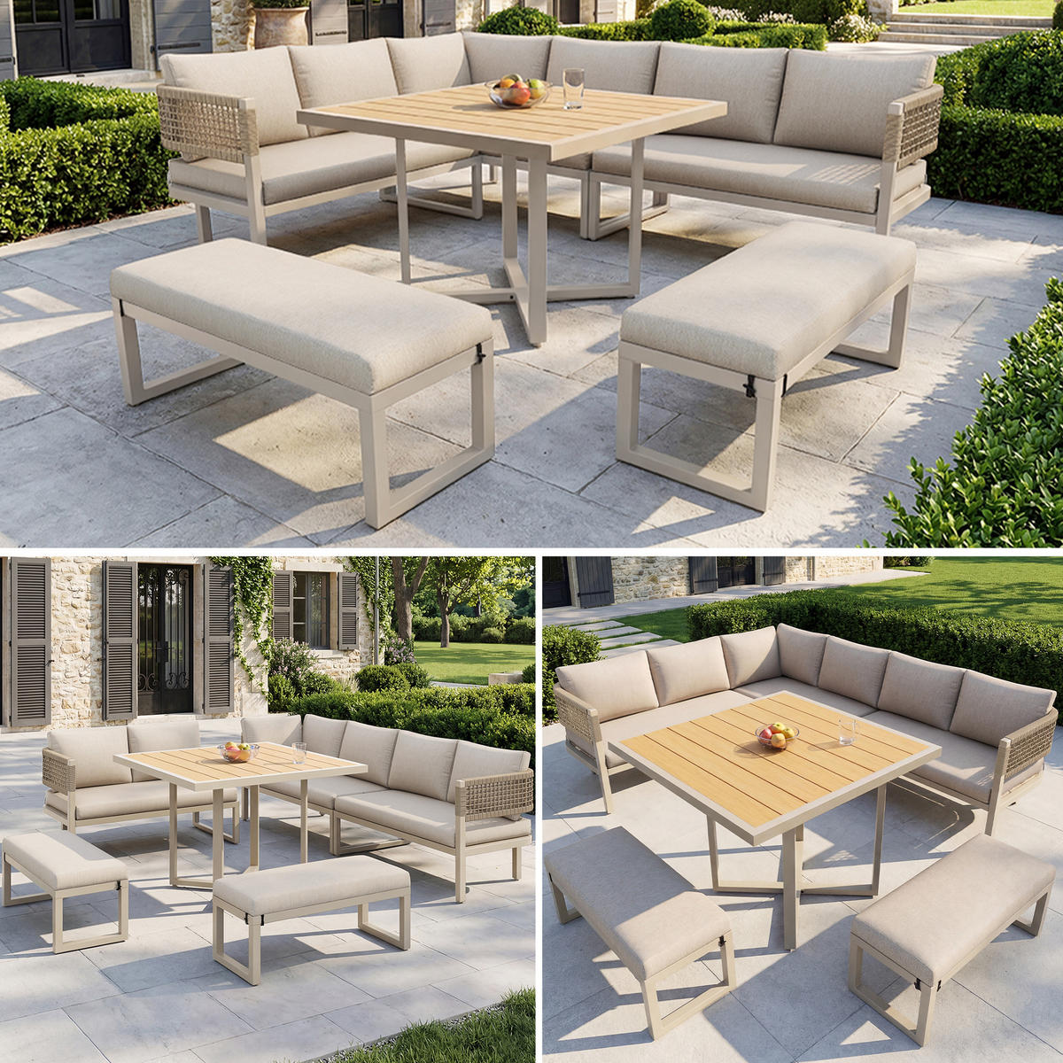 GARTENLOUNGE 8-10 Personen Sofa Tisch Kunststoffholz Seil Kissen - Beige, Metall - FLIEKS