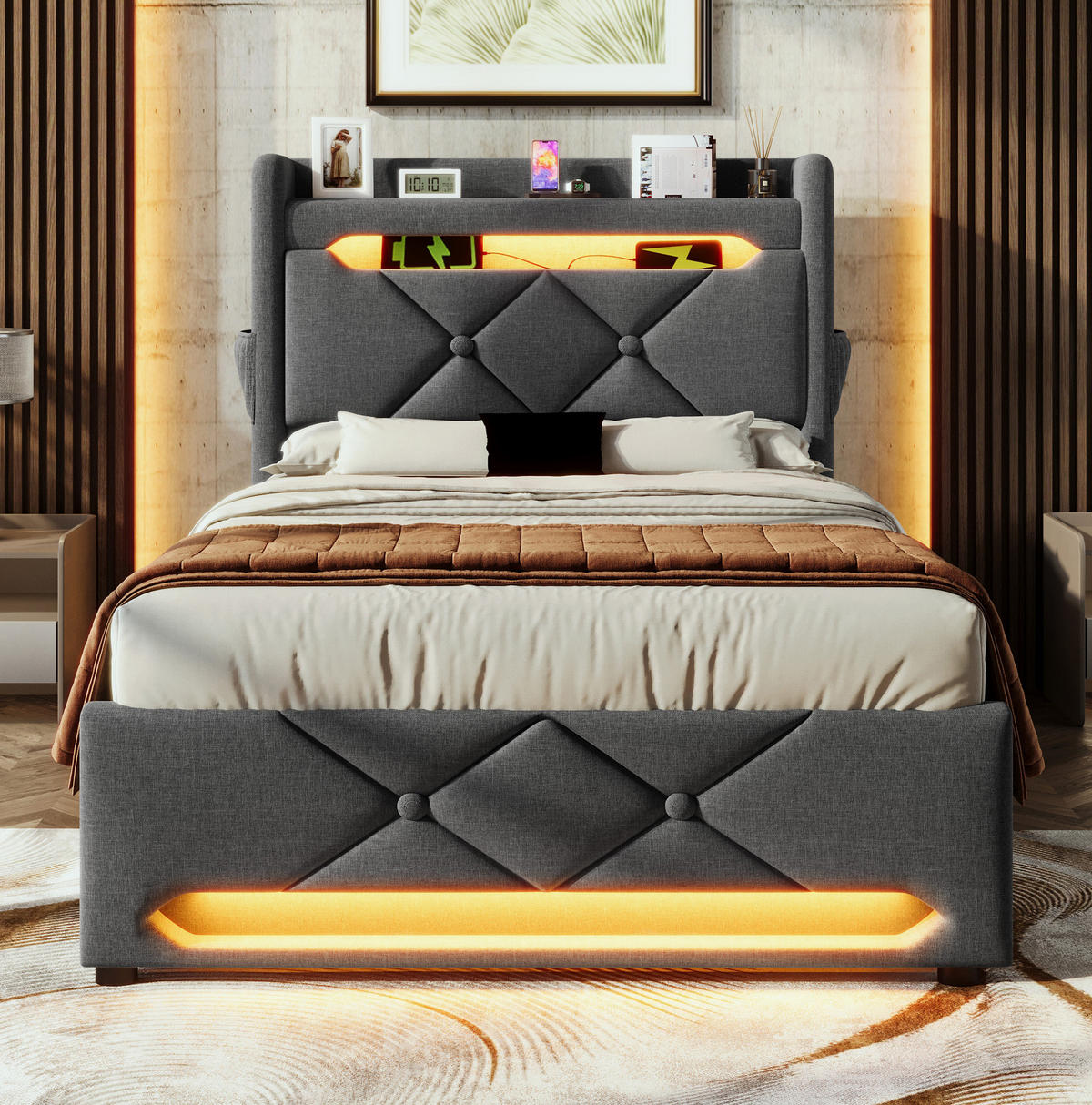 POLSTERBETT 90/200 cm Grau mit Stauraum und USB-Anschlüssen Mit Matratze - Grau, Textil (90/200cm) - OKWISH
