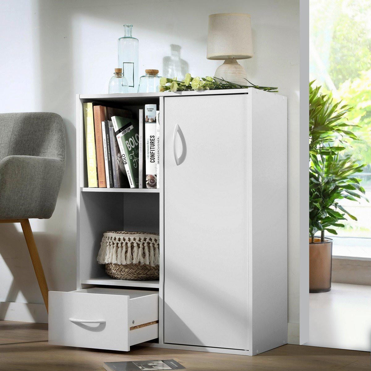SCHRANK mit 2 Fächern, 1 Schublade und 1 Tür - Weiß, Holzwerkstoff (29.5/80/61.5cm) - Calicosy