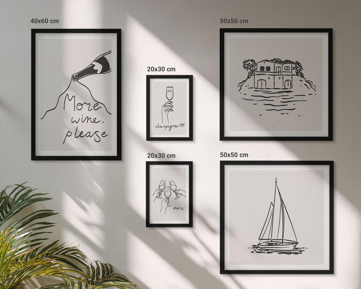 BILDER SET 5er Set - 50x50 cm & 20x30 cm & 40x60 cm Schwarzer Rahmen - Fröhliche Momente mit Champagner - Schwarz, Kunststoff (40/60cm) - TULUP