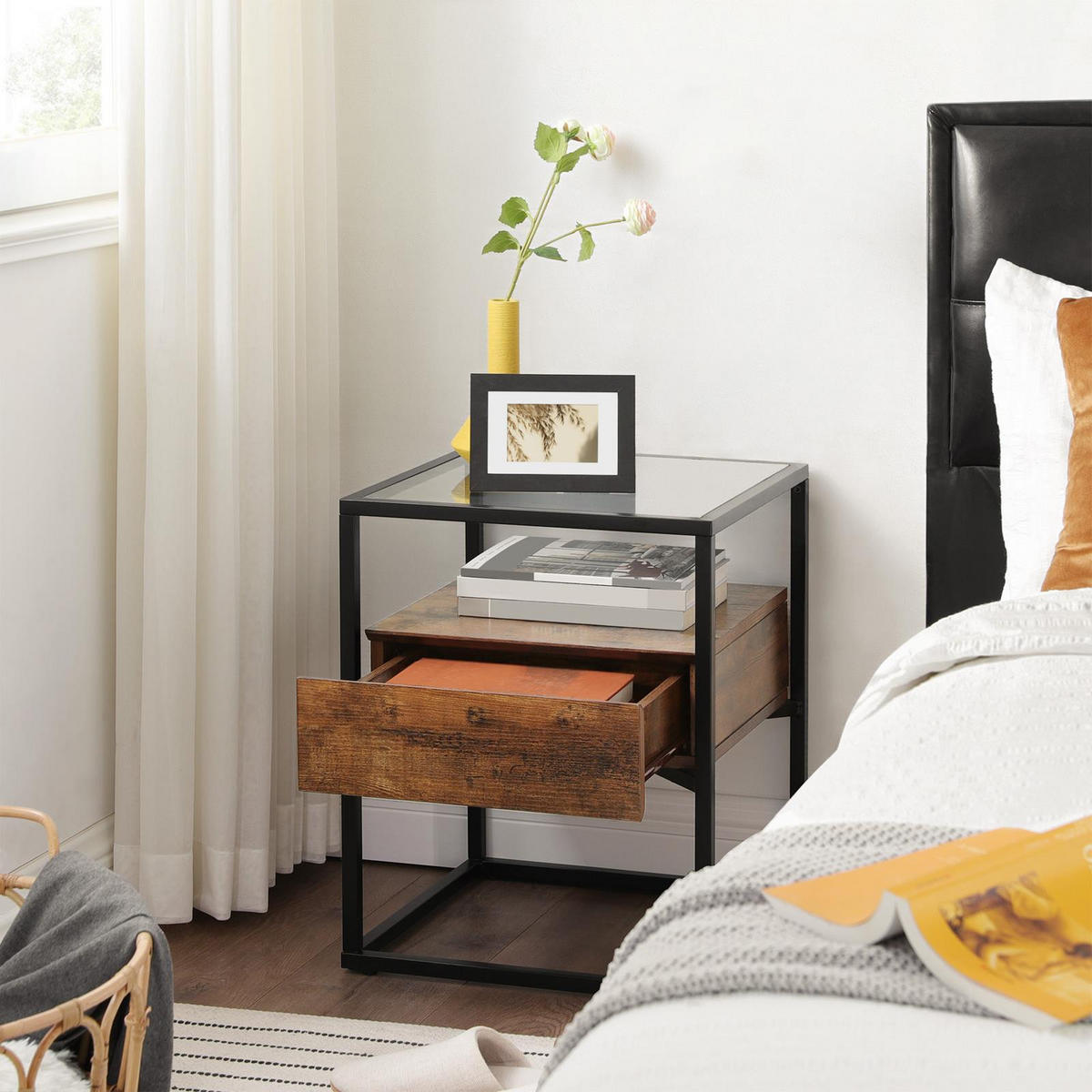 NACHTTISCH Holzoptik Glass Metall Dunkelbraun Schwarz mit Schublade 43x43x54 cm - Dunkelbraun/Schwarz, Glas/Holzwerkstoff (43/54/43cm) - Begryf