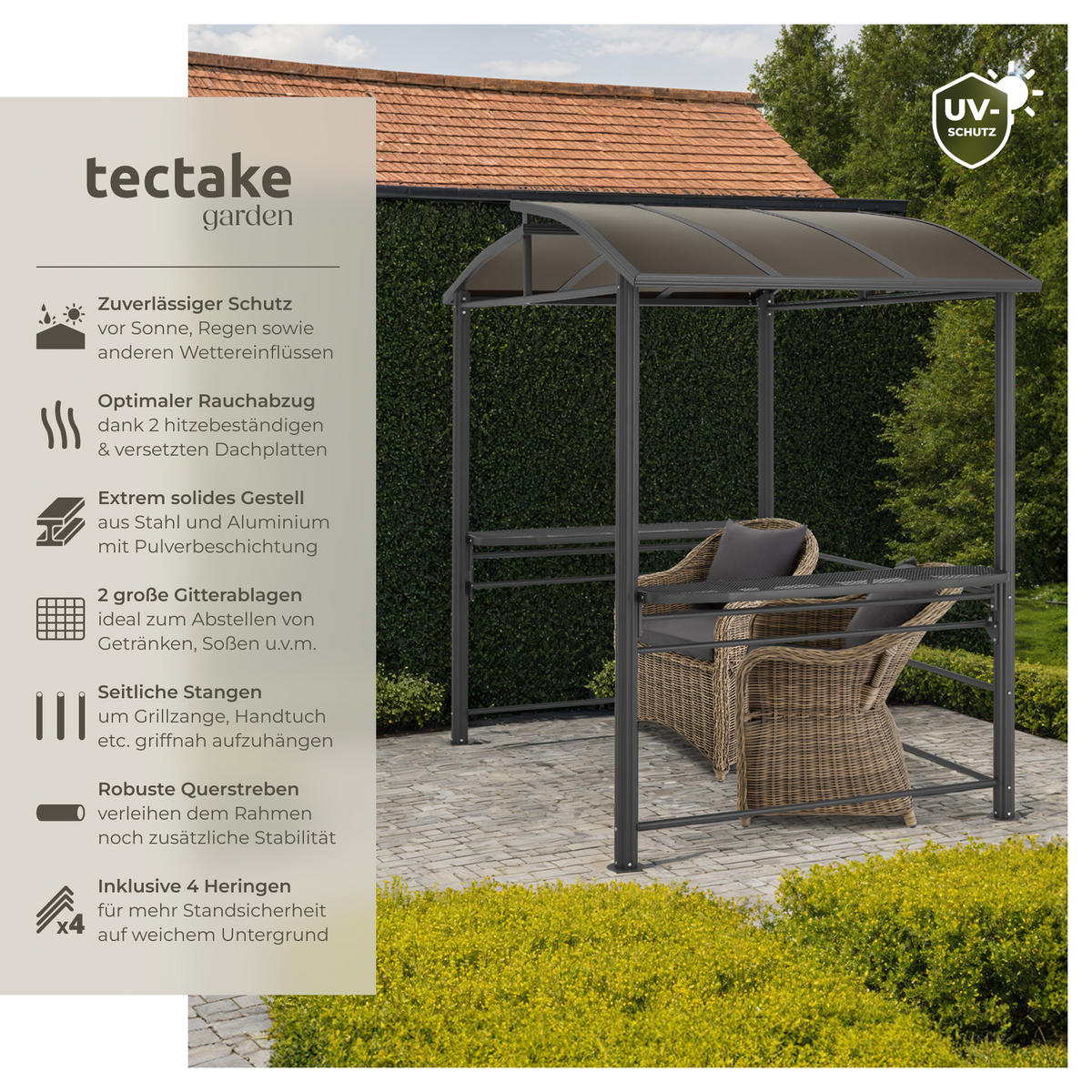GRILLPAVILLON Asado,240 x 150 x 234 cm,grau - Grau, Metall (150/234/240cm) - tectake