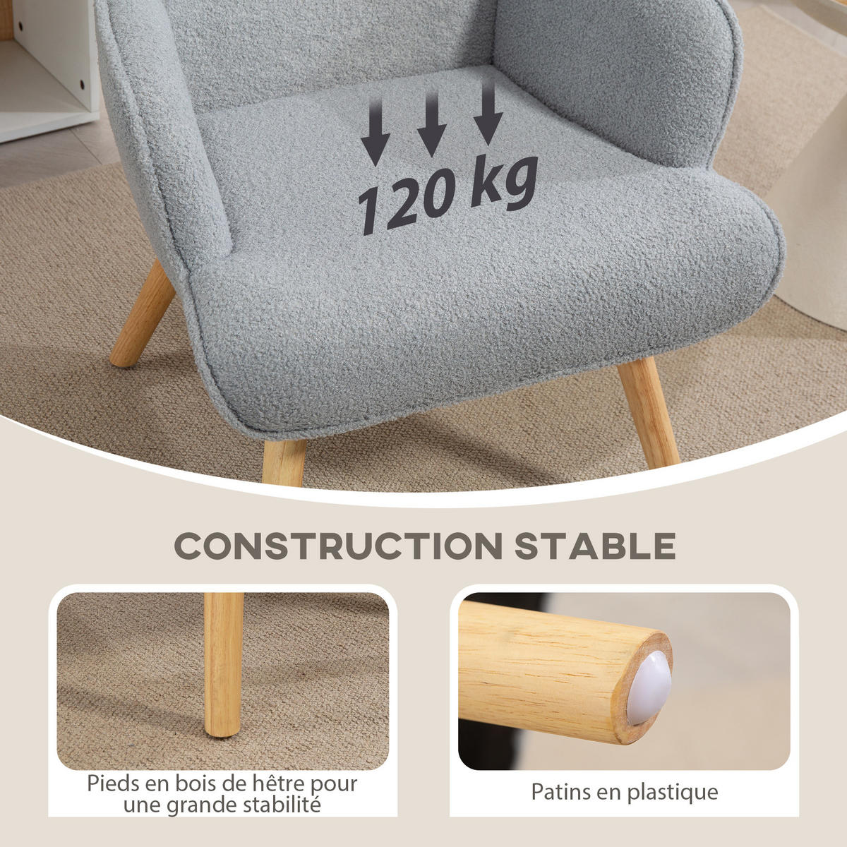 SESSEL DE-13280 Bouclé-Stoff & Knopfheftung Hellgrau - Grau, Holz (71/96/74cm) - ComfortXL