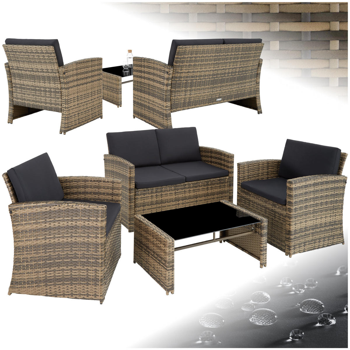 RATTANLOUNGE Jesolo,mit Sicherheitsglasplatte,natur/dunkelgrau - Naturfarben, Kunststoff - tectake