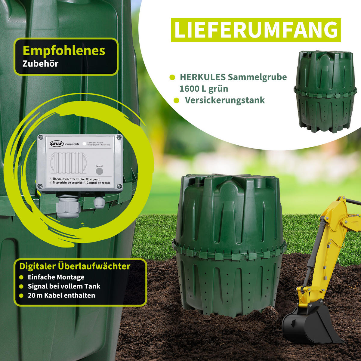 -VERSICKERUNGSTANK 1600 L inkl. Stützrohr - Grün, Kunststoff (132.5/156/132.5cm) - GARANTIA