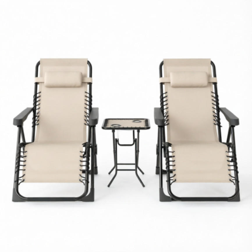 GARTENMÖBEL,2 Liegestühle+1 Tisch - Beige, Metall - Vallsero