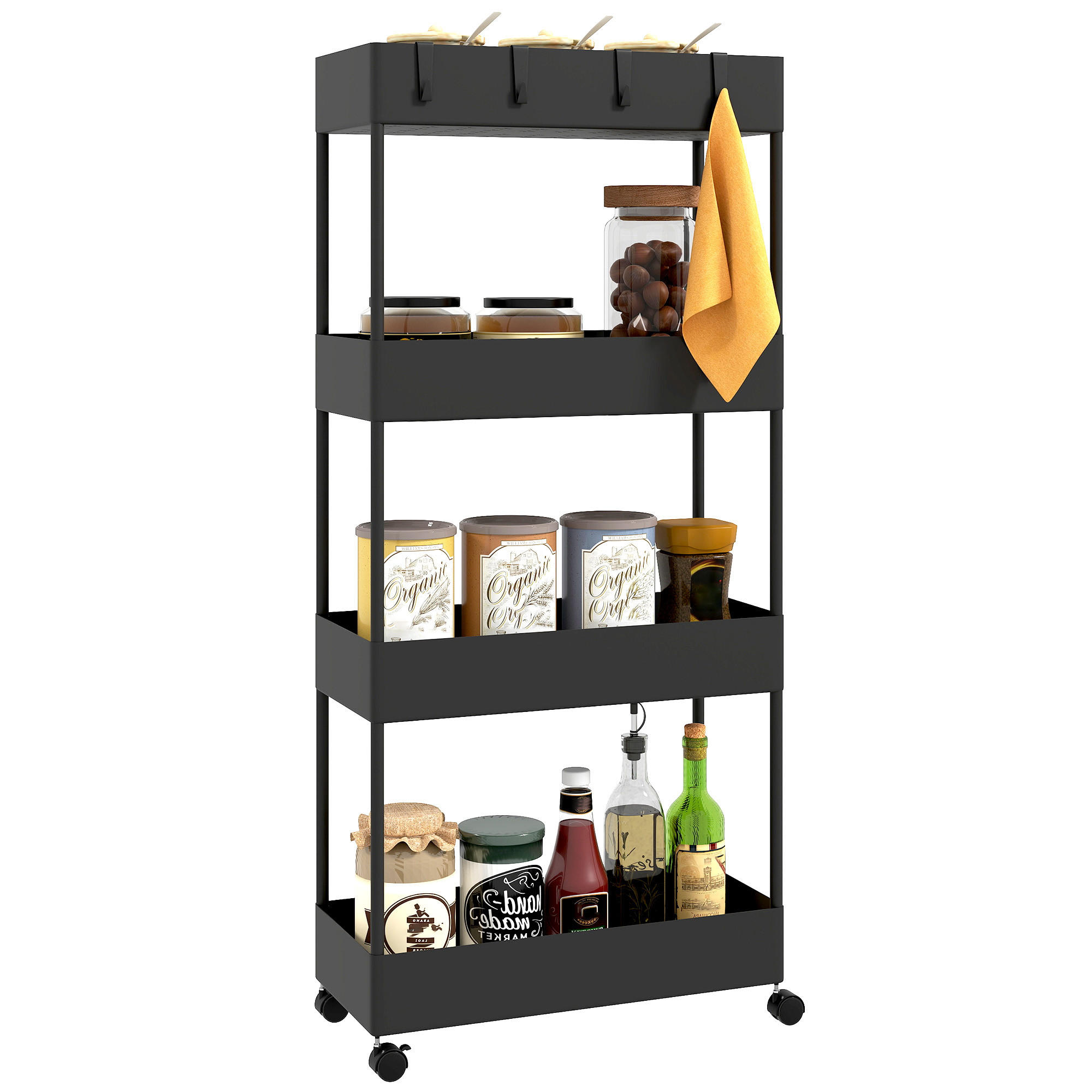ROLLWAGEN mit 4 Ebenen, Kunststoff, Schwarz, 40 x 19 x 90 cm - Schwarz, Metall (40/90/19cm) - HOMCOM