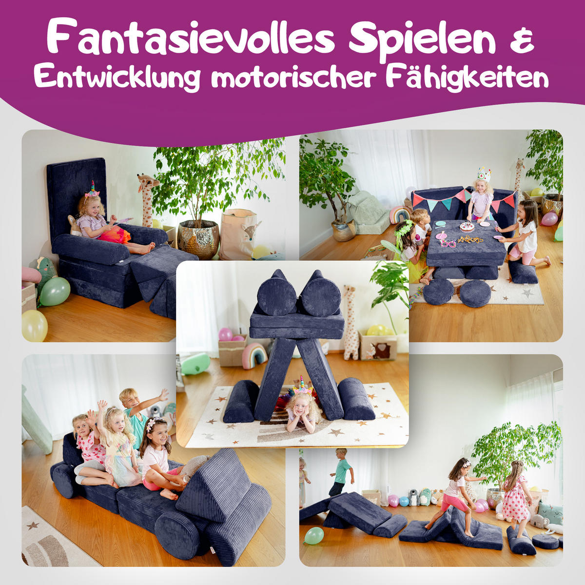 SPIELSOFA Kinder Fantasiewelt 8tlg - Dunkelblau, Textil (150/55/66cm) - Linodino
