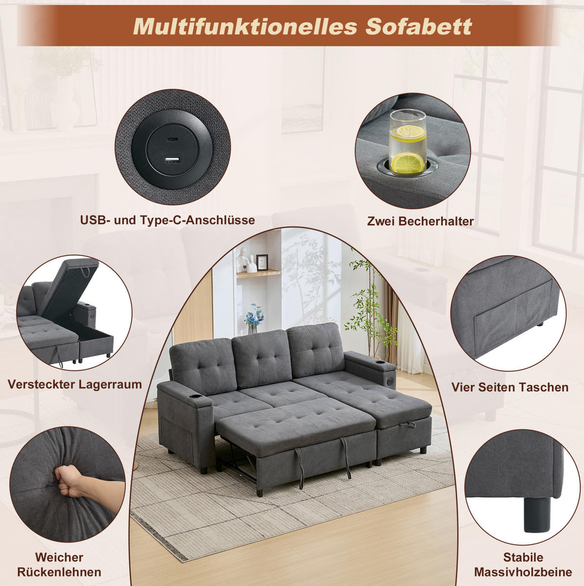 SCHLAFSOFA, Stoff mit Stauraum & LED-Lichtleiste, 208/146/89,5 cm, Grau - Grau, Textil (146/89.5/208cm) - Redom