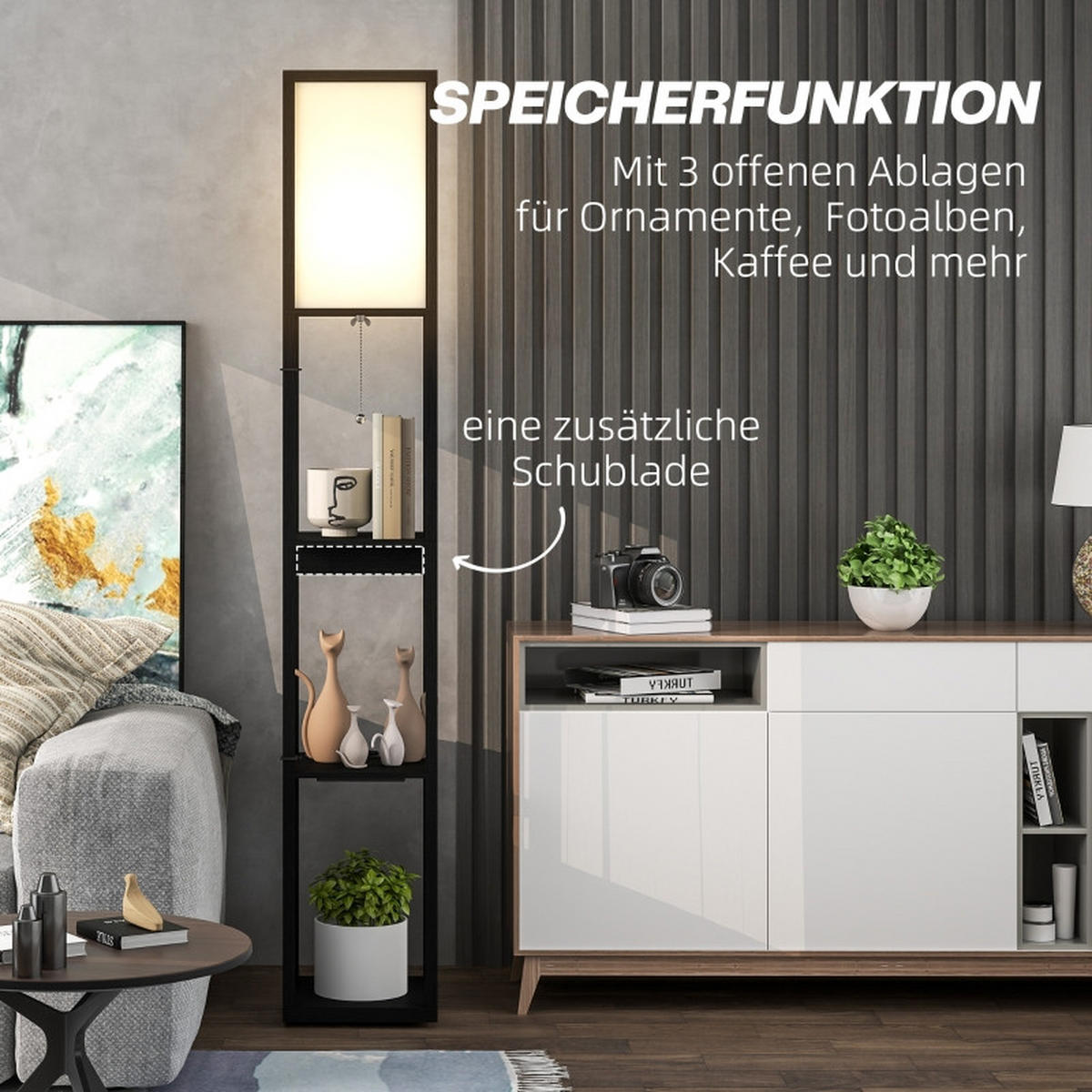 STEHLEUCHTE 26/26/159 cm Schwarz mit 3 Fächern, E27 Sockel, USB-A, USB-C Anschlüssen, ohne Glühbirne - Schwarz, Holz (26/26/159cm) - Oxeza
