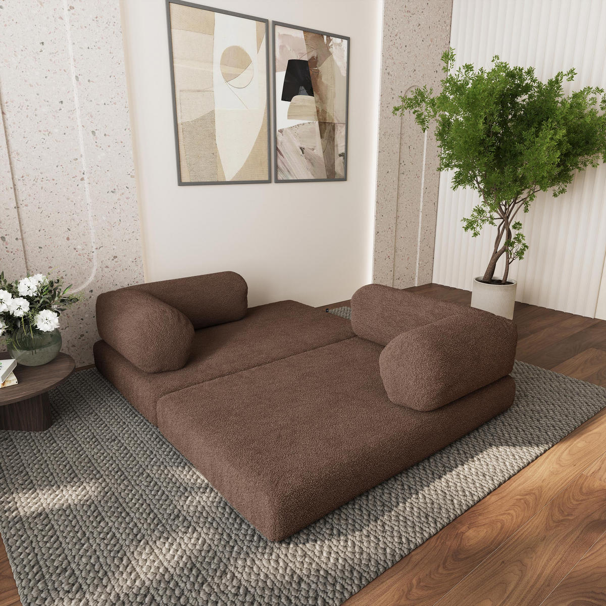 ECKSOFA KELI modulares Boneless Sofa mit Schlaffunktion Braun Boucle-Stoff - Braun, Textil (270/160cm) - MASSENO