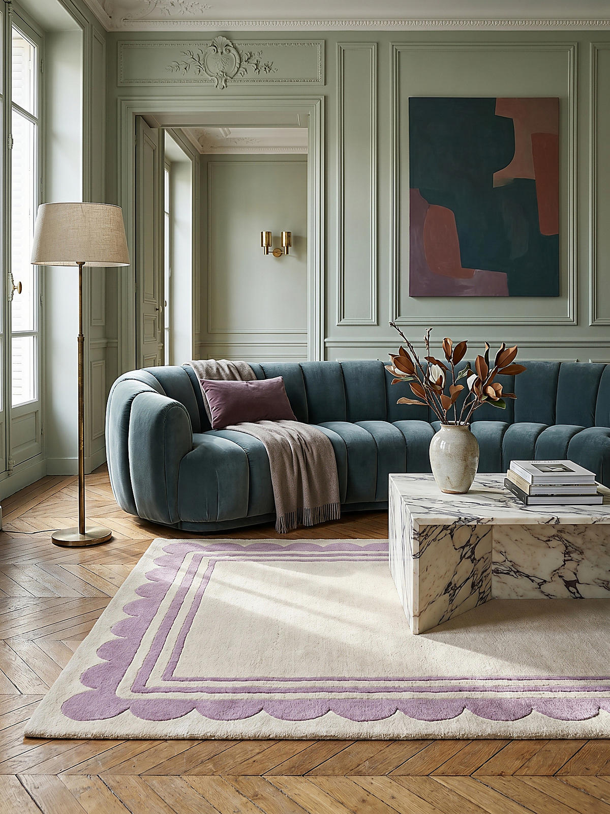 WOLLTEPPICH Grafisches Muster, Rahmen, Wohnzimmer schmutzabweisend Lila-Beige Rechteckig 160x230 - Lila, Textil (230/160cm) - KADIMA DESIGN