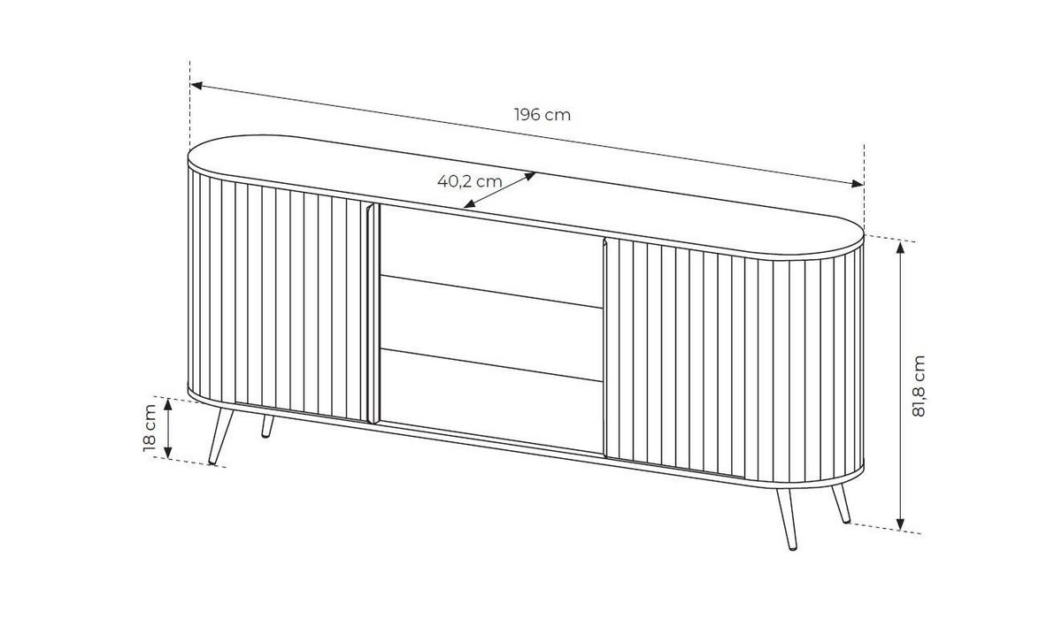 KOMMODE Rivo Eiche Cremona, mit Schubladen und Schiebetüren, geriffelten Fronten - Eichefarben/Schwarz, Holzwerkstoff/Metall (196/82/40cm) - Bettso