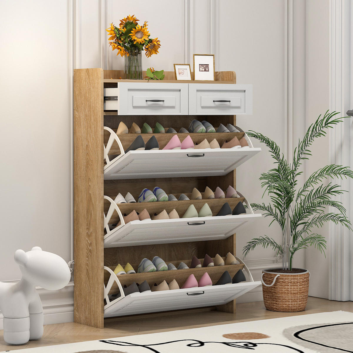 SCHUHKOMMODE mit 3 Klappen und 2 Schubladen, Spanplatte, 80/23,5/131 cm, Weiß/Natur - Naturfarben, Holzwerkstoff (23.5/131/80cm) - Redom