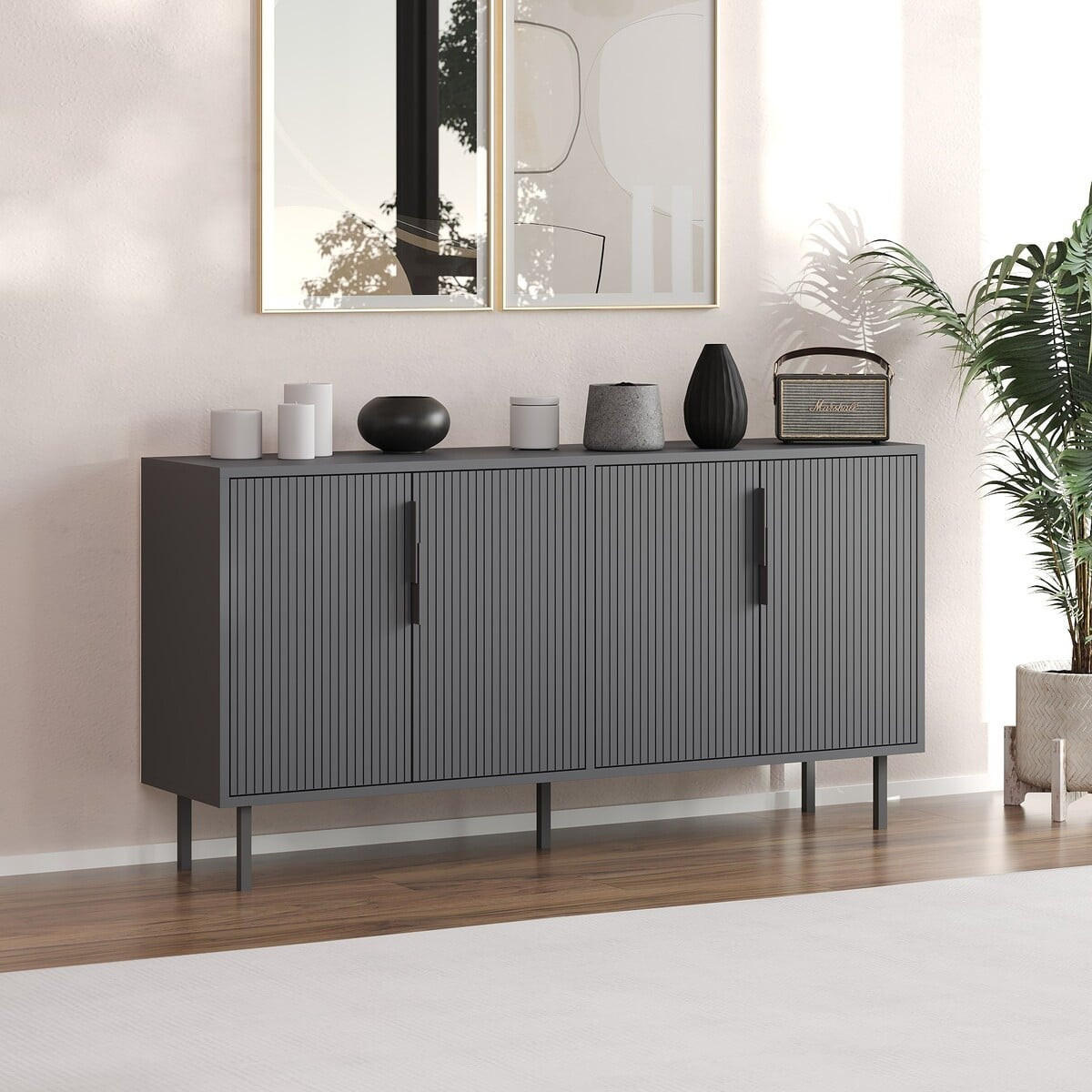 SIDEBOARD mit 4 Türen 36/150/75 cm - Anthrazit, Holzwerkstoff (36/75/42cm) - Calicosy